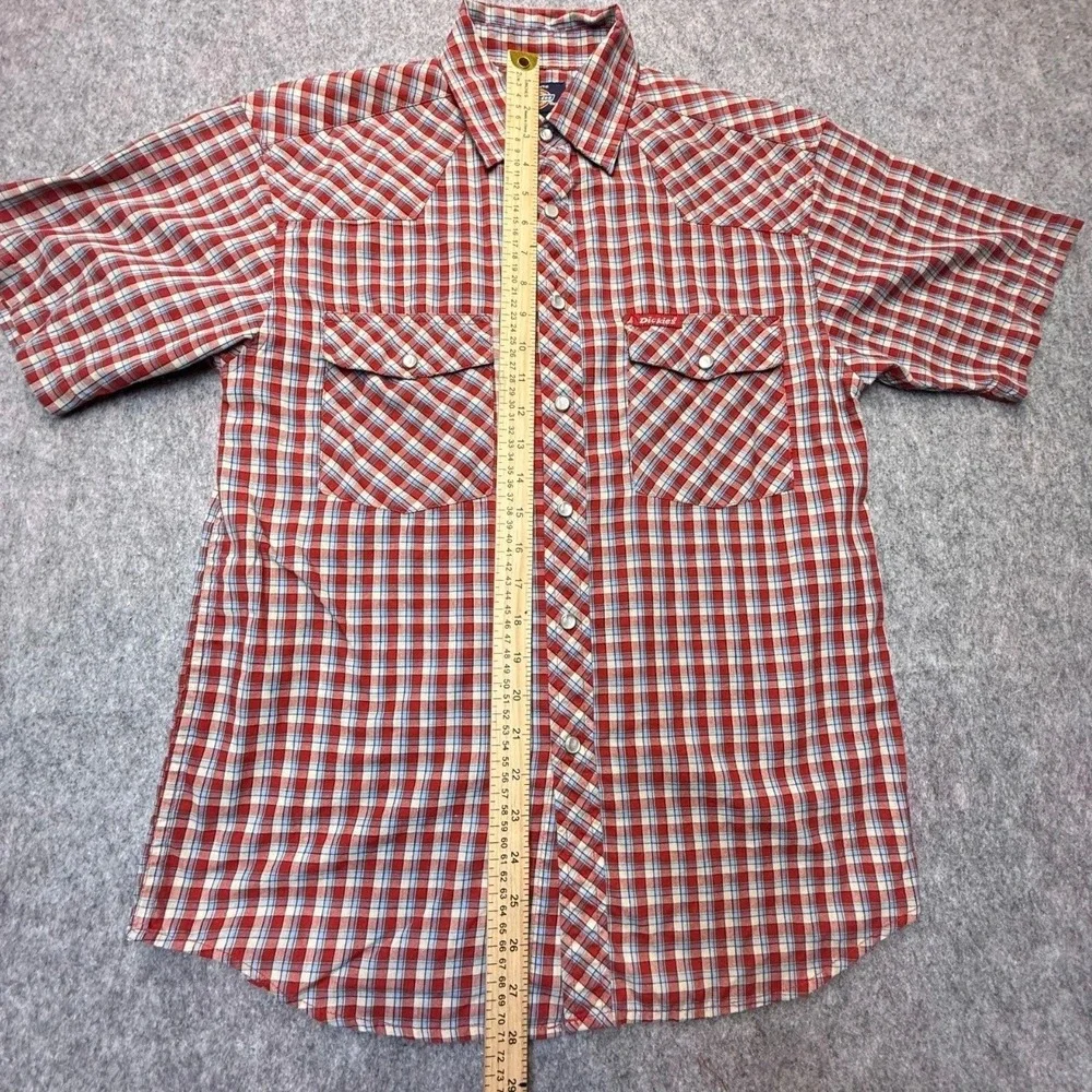 Dickies Western Shirt Mens S Pearl Snap Cotton Blend Red Blue Plaid Short Sleeve